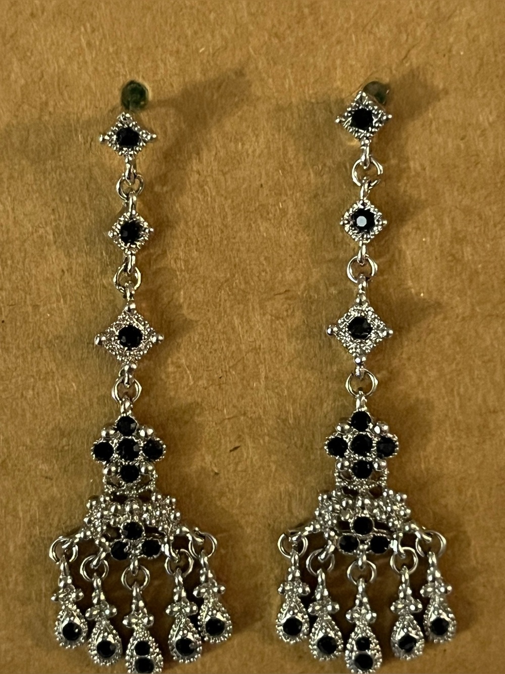 Silver-Tone Black Stone Dangle Chandelier Earrings